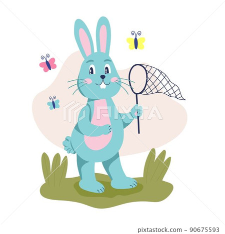 The character rabbit catches butterflies with a net. Spring fun, March. Flat cartoon vector illustration The character rabbit catches butterflies with a net. Spring fun, March. Flat cartoon vector illustration 90675593