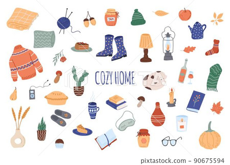 A set of autumn items. Cozy autumn, hugge, autumn season. Flat vector illustration 90675594