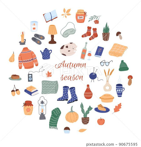 A set of autumn items. Cozy autumn, hugge, autumn season. Flat vector illustration A set of autumn items. Cozy autumn, hugge, autumn season. Flat vector illustration 90675595