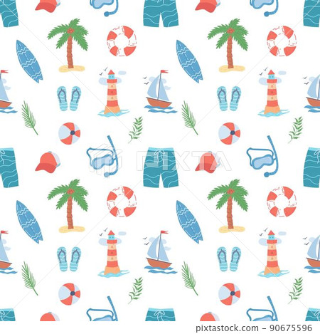 Seamless summer pattern in doodle style. Items for beach holidays, children's room decoration, posters and banners. Flat vector illustration Seamless summer pattern in doodle style. Items for beach holidays, children's room decoration, posters and banners. Flat vector illustration 90675596
