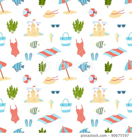 Seamless summer pattern in doodle style. Items for beach holidays, children's room decoration, posters and banners. Flat vector illustration Seamless summer pattern in doodle style. Items for beach holidays, children's room decoration, posters and banners. Flat vector illustration 90675597