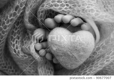 Knitted heart in the legs of a baby. Soft feet of a new born in a wool blanket. Close-up of toes, heels and feet of a newborn. Macro black and white photography the tiny foot of a newborn baby. Knitted heart in the legs of a baby. Soft feet of a new born in a wool blanket. Close-up of toes, heels and feet of a newborn. Macro black and white photography the tiny foot of a newborn baby. 90677007