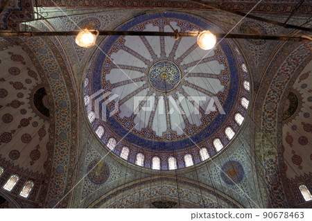 Blue mosque ceiling with beautiful Iznik tiles 90678463