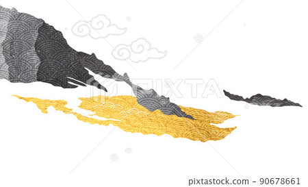 Abstract art landscape with Japanese wave pattern vector. Nature art background with Mountain forest gold texture banner template in vintage style. Chinese traditional icon and symbol design. 90678661