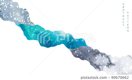 Blue and green brush stroke texture background with Japanese ocean wave pattern in vintage style. Abstract art landscape art banner design with watercolor texture vector. Marine concept banner design. 90678662