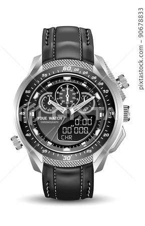 Realistic watch clock silver black leather strap on grey design classic luxury vector 90678833