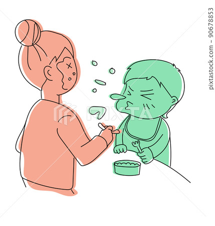 A child who sneezes while eating and a mother who has baby food on her face A child who sneezes while eating and a mother who has baby food on her face 90678853