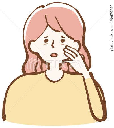 一個關心她的眼睛的女人，一張煩惱的臉，一個簡單的插圖 90679313