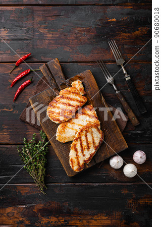 Classic german or austrian schnitzel set, on old dark wooden table background, top view flat lay, with copy space for text Classic german or austrian schnitzel set, on old dark wooden table background, top view flat lay, with copy space for text 90680018