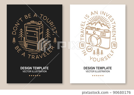 Don't be a tourist, be a traveler. Travel is an investment in yourself. Camping quote. Vector. Set of Line art flyer, brochure, banner, poster with retro backpack, photo camera and forest. 90680176