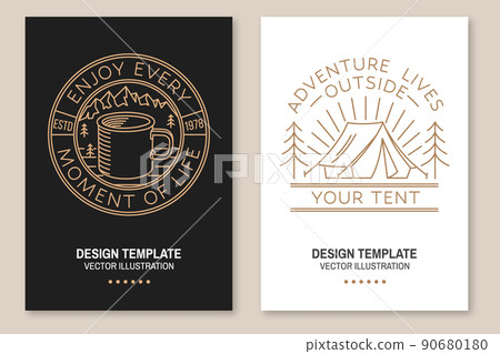 Enjoy every moment. Adventure lives outside your tent. Camping quote. Vector. Set of Line art flyer, brochure, banner, poster with metal camping mug, camping tent, sunburst and forest. 90680180
