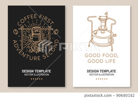 Coffee first, adventure second. Good food good life. Live, love, travel. Camping quote. Vector. Set of Line art flyer, brochure, banner, poster with camping primus, camping kettle, sunburst and forest 90680182