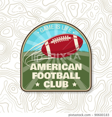 American football or rugby club badge. Vector. Concept for shirt, logo, print, stamp, tee, embroidery patch. Vintage typography design with flying american football ball silhouette 90680183