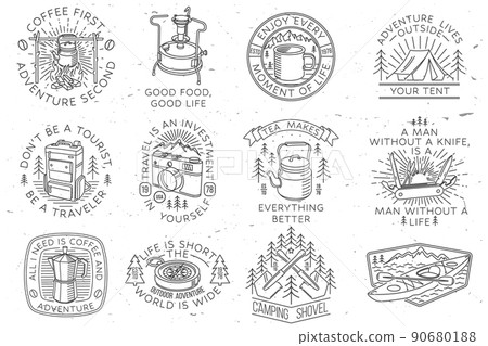 Set of camping badges, patches. Vector illustration Concept for shirt or logo, print, stamp or tee. Vintage line art design with camping equipment, forest, photo camera, primus, kettle, retro compass 90680188