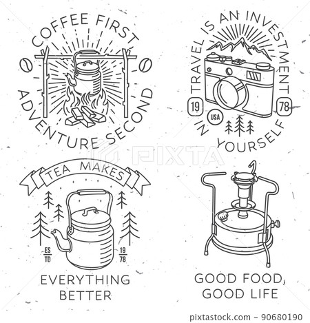 Set of travel inspirational quotes. Vector Concept for shirt or logo, print, stamp. Vintage line art design with retro photo camera, primus, camping kettle and mountain. Camping quote. 90680190
