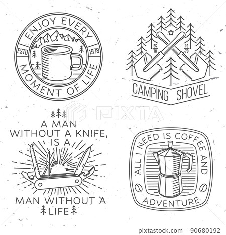 Set of travel inspirational quotes. Vector. Vintage line art design with retro camping tea kettle, pocket knife, camping tent and mug. Camping quote. 90680192