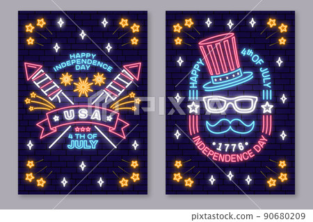 Vintage 4th of july design in retro style. Fourth of July felicitation neon sign. Independence day glowing light banner. 90680209