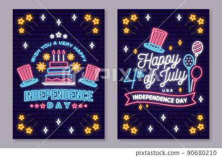 Vintage 4th of july design in retro style. Fourth of July felicitation neon sign. Independence day glowing light banner. 90680210