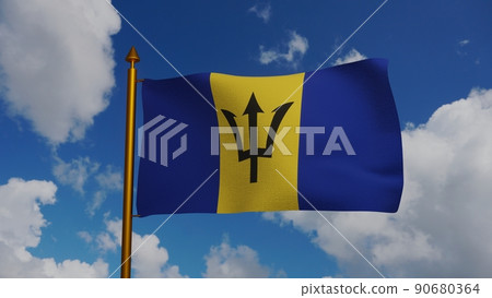 National flag of Barbados waving 3D Render with flagpole and blue sky, The Broken Trident or Barbados flag designed by Grantley Prescod, Lieutenant Hartley Dottin of the Barbados Regiment National flag of Barbados waving 3D Render with flagpole and blue sky, The Broken Trident or Barbados flag designed by Grantley Prescod, Lieutenant Hartley Dottin of the Barbados Regiment 90680364