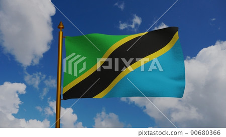 National flag of Tanzania waving 3D Render with flagpole and blue sky, United Republic of Tanzania flag textile or Swahili bendera ya Tanzania, coat of arms Tanzania independence day National flag of Tanzania waving 3D Render with flagpole and blue sky, United Republic of Tanzania flag textile or Swahili bendera ya Tanzania, coat of arms Tanzania independence day 90680366