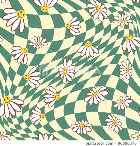 Retro Smile Chamomile Seamless Pattern on 1970 Wavy Swirl Seamless Pattern. Hippie Aesthetic. Retro Smile Chamomile Seamless Pattern on 1970 Wavy Swirl Seamless Pattern. Hippie Aesthetic. 90680376