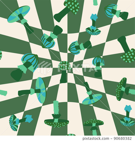 Magic psychedelic drug mushrooms seamless pattern. Psychedelic hallucination. 60-70s hippie colorful art. Vintage psychedelic textile 90680382