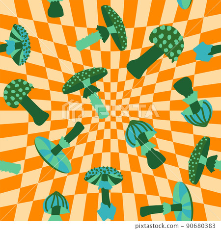 Magic psychedelic drug mushrooms seamless pattern. Psychedelic hallucination. 60-70s hippie colorful art. Vintage psychedelic textile Magic psychedelic drug mushrooms seamless pattern. Psychedelic hallucination. 60-70s hippie colorful art. Vintage psychedelic textile 90680383
