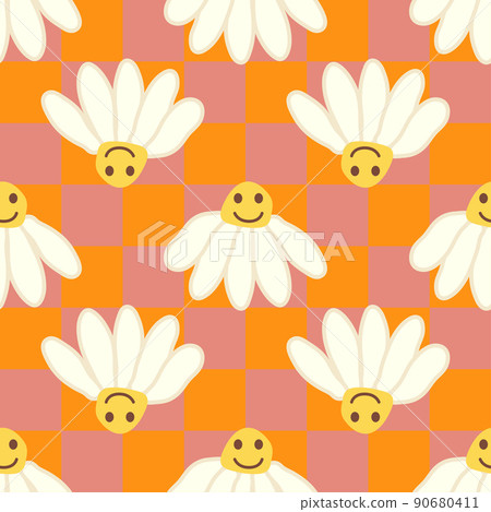 Retro Smile Chamomile Seamless Pattern on 1970 Wavy Swirl Seamless Pattern. Hippie Aesthetic. 90680411