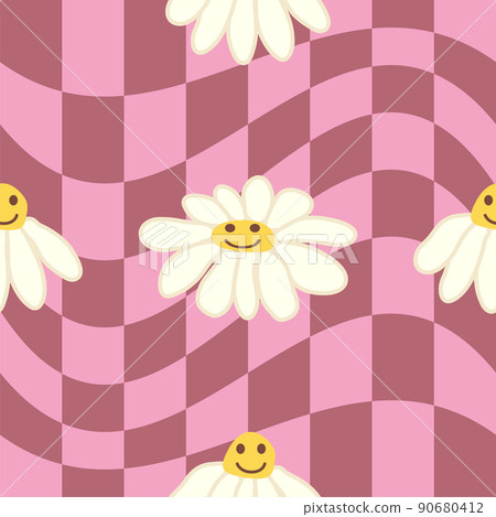 Retro Smile Chamomile Seamless Pattern on 1970 Wavy Swirl Seamless Pattern. Hippie Aesthetic. Retro Smile Chamomile Seamless Pattern on 1970 Wavy Swirl Seamless Pattern. Hippie Aesthetic. 90680412