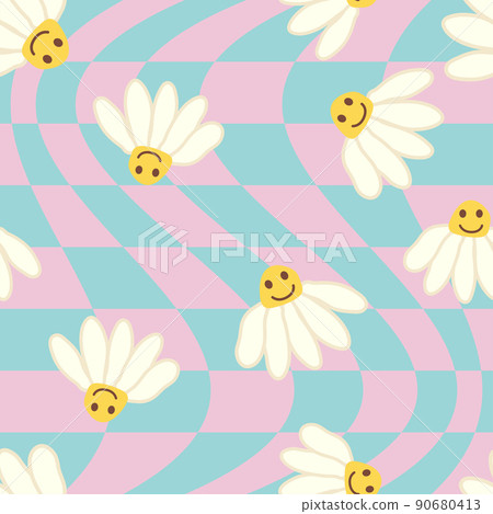 Retro Smile Chamomile Seamless Pattern on 1970 Wavy Swirl Seamless Pattern. Hippie Aesthetic. Retro Smile Chamomile Seamless Pattern on 1970 Wavy Swirl Seamless Pattern. Hippie Aesthetic. 90680413
