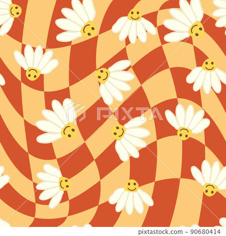 Retro Smile Chamomile Seamless Pattern on 1970 Wavy Swirl Seamless Pattern. Hippie Aesthetic. Retro Smile Chamomile Seamless Pattern on 1970 Wavy Swirl Seamless Pattern. Hippie Aesthetic. 90680414