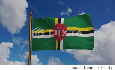 National flag of Dominica waving 3D Render with flagpole and blue sky, Commonwealth of Dominica flag textile designed by Alwin Bully, Dominica independence day National flag of Dominica waving 3D Render with flagpole and blue sky, Commonwealth of Dominica flag textile designed by Alwin Bully, Dominica independence day 90680415
