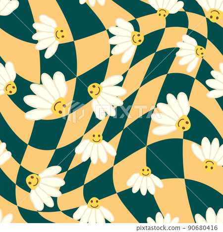 Retro Smile Chamomile Seamless Pattern on 1970 Wavy Swirl Seamless Pattern. Hippie Aesthetic. Retro Smile Chamomile Seamless Pattern on 1970 Wavy Swirl Seamless Pattern. Hippie Aesthetic. 90680416
