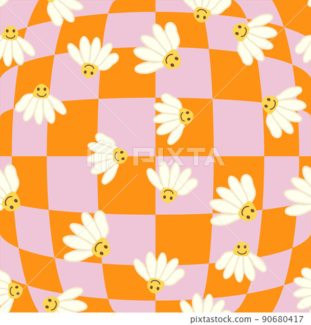 Retro Smile Chamomile Seamless Pattern on 1970 Wavy Swirl Seamless Pattern. Hippie Aesthetic. Retro Smile Chamomile Seamless Pattern on 1970 Wavy Swirl Seamless Pattern. Hippie Aesthetic. 90680417