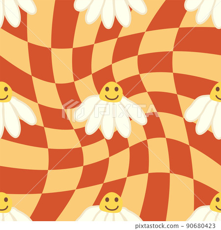 Retro Smile Chamomile Seamless Pattern on 1970 Wavy Swirl Seamless Pattern. Hippie Aesthetic. 90680423