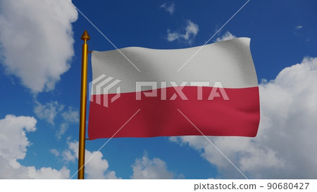 National flag of Poland waving 3D Render with flagpole and blue sky, flaga Polski or Flag of the Republic of Poland Rzeczpospolita 90680427