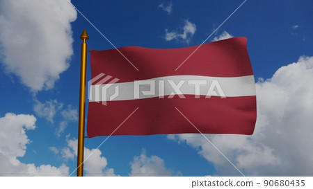 National flag of Latvia waving 3D Render with flagpole and blue sky, Latvijas karogs designed by Ansis Cirulis, Latvian flag, Flag of Republic of Latvia 90680435