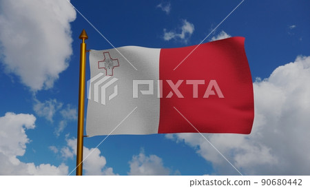 National flag of Malta waving 3D Render with flagpole and blue sky, Republic of Malta flag textile or Bandiera ta Maltese, coat of arms Malta independence day National flag of Malta waving 3D Render with flagpole and blue sky, Republic of Malta flag textile or Bandiera ta Maltese, coat of arms Malta independence day 90680442