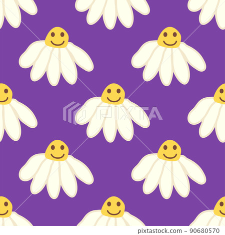 Chamomile smile 1970 pattern. Groovy daisy retro seamless pattern Chamomile smile 1970 pattern. Groovy daisy retro seamless pattern 90680570