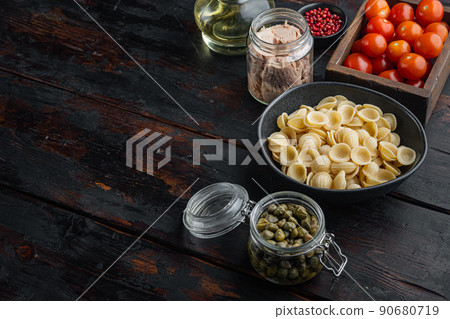 Tuna pasta cooking ingredients, on old wooden table  with copy space for text 90680719