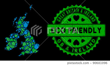 Vector Eco Green Composition Great Britain and Ireland Map and ECO FRIENDLY Distress Seal 90681096