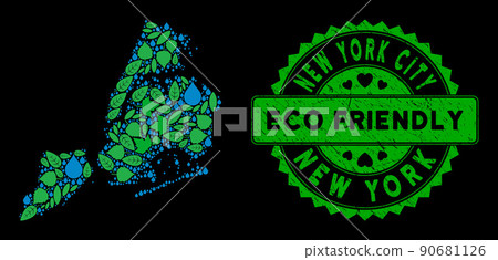Vector Eco Green Collage New York City Map and ECO FRIENDLY Dirty Stamp 90681126
