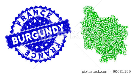 Rosette Rubber Badge and Green Vector Polygonal Burgundy Province Map mosaic 90681199