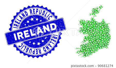 Rosette Scratched Stamp Seal With Green Vector Lowpoly Ireland Republic Map mosaic Rosette Scratched Stamp Seal With Green Vector Lowpoly Ireland Republic Map mosaic 90681274