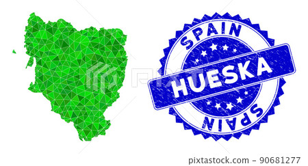 Rosette Textured Seal Imprint and Green Vector Polygonal Hueska Province Map mosaic 90681277