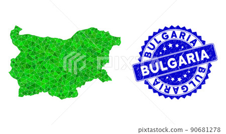 Rosette Textured Seal Imprint with Green Vector Triangle Filled Bulgaria Map mosaic 90681278