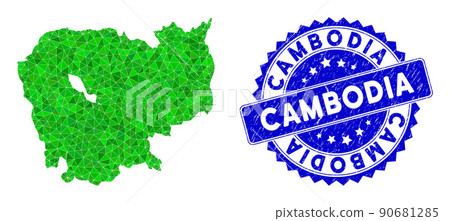 Rosette Distress Seal Imprint and Green Vector Triangle Filled Cambodia Map mosaic 90681285