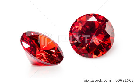 Red Ruby gemstone Round Cut isolate on white background, close up shot 90681503
