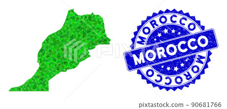 Rosette Grunge Badge and Green Vector Lowpoly Morocco Map mosaic 90681766