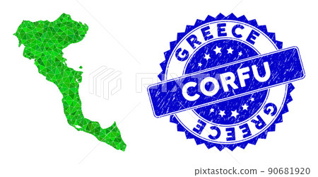 Rosette Grunge Stamp with Green Vector Triangle Filled Corfu Island Map mosaic Rosette Grunge Stamp with Green Vector Triangle Filled Corfu Island Map mosaic 90681920